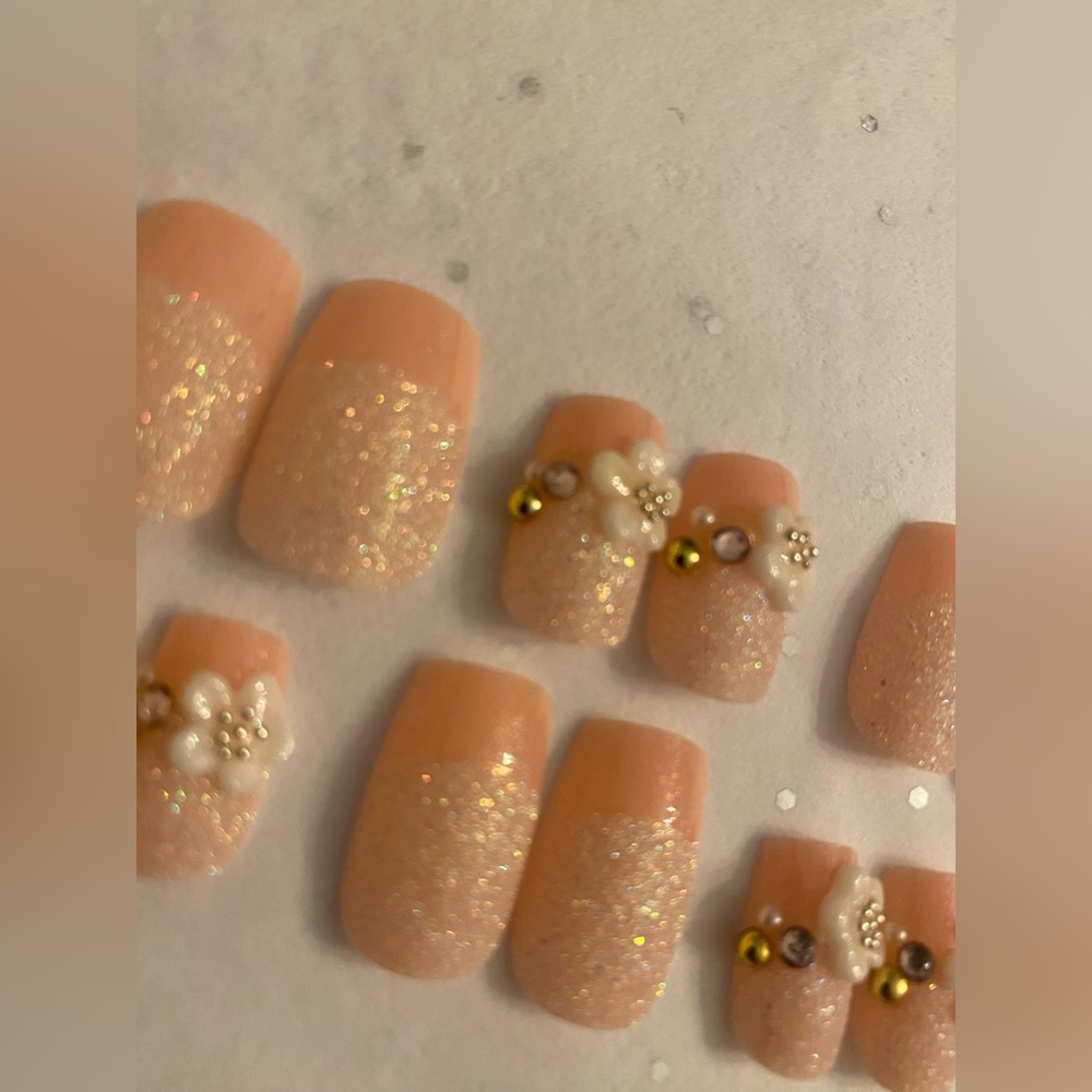New French Bridal Nails PINK Manicure Floral Bling Jewels Pink Silver Daisy OS - Picture 5 of 14